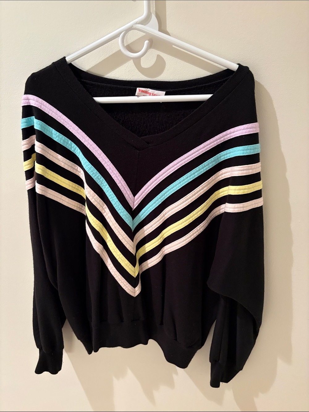 Black V-Neck Sweater with Pastel Chevron Stripes by